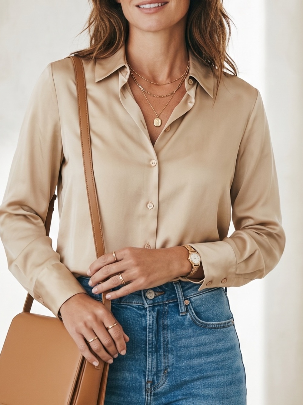 Maison D’Amelie Champagne Gold Silky Button Down Blouse | Size Small